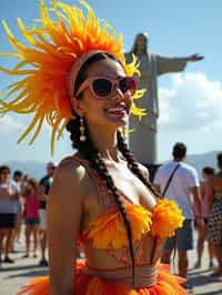 stylish and chic  woman in Rio de Janeiro wearing a vibrant carnival-inspired costume, Christ the Redeemer statue in the background