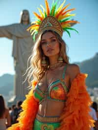 stylish and chic  woman in Rio de Janeiro wearing a vibrant carnival-inspired costume, Christ the Redeemer statue in the background