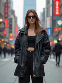 stylish and chic  woman in Shanghai wearing a contemporary streetwear outfit, Nanjing Road in the background