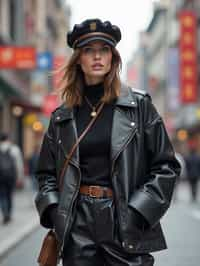 stylish and chic  woman in Shanghai wearing a contemporary streetwear outfit, Nanjing Road in the background