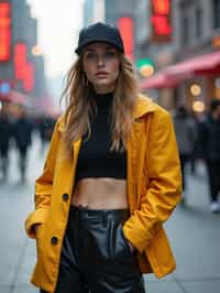 stylish and chic  woman in Shanghai wearing a contemporary streetwear outfit, Nanjing Road in the background