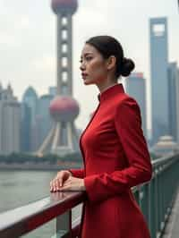 stylish and chic  woman in Shanghai wearing a traditional qipao/mandarin-collar suit, modern skyline in the background