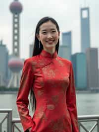 stylish and chic  woman in Shanghai wearing a traditional qipao/mandarin-collar suit, modern skyline in the background