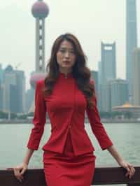 stylish and chic  woman in Shanghai wearing a traditional qipao/mandarin-collar suit, modern skyline in the background