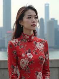 stylish and chic  woman in Shanghai wearing a traditional qipao/mandarin-collar suit, modern skyline in the background