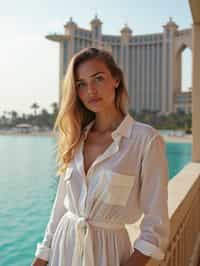 stylish and chic  woman in Dubai wearing a stylish sundress/linen shirt, the Atlantis hotel in the background