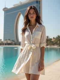 stylish and chic  woman in Dubai wearing a stylish sundress/linen shirt, the Atlantis hotel in the background