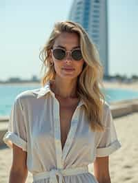 stylish and chic  woman in Dubai wearing a stylish sundress/linen shirt, the Atlantis hotel in the background