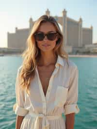 stylish and chic  woman in Dubai wearing a stylish sundress/linen shirt, the Atlantis hotel in the background