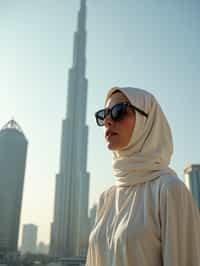 stylish and chic  woman in Dubai wearing a modern, chic abaya/thobe, skyscrapers of Dubai in the background