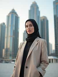 stylish and chic  woman in Dubai wearing a modern, chic abaya/thobe, skyscrapers of Dubai in the background