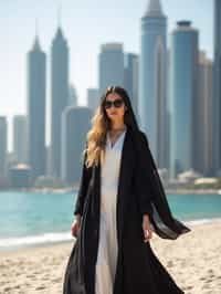 stylish and chic  woman in Dubai wearing a modern, chic abaya/thobe, skyscrapers of Dubai in the background