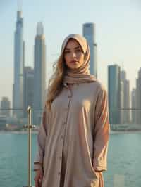 stylish and chic  woman in Dubai wearing a modern, chic abaya/thobe, skyscrapers of Dubai in the background