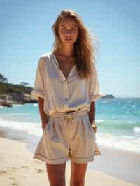 stylish and chic  woman in Sydney wearing a summer dress/shorts and t-shirt, Bondi Beach in the background