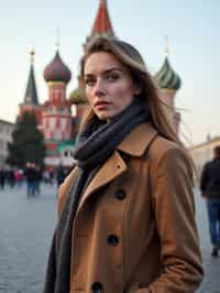 stylish and chic  woman in Moscow wearing a stylish coat and scarf, Saint Basil's Cathedral in the background