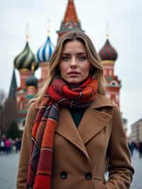 stylish and chic  woman in Moscow wearing a stylish coat and scarf, Saint Basil's Cathedral in the background