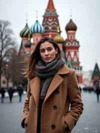 stylish and chic  woman in Moscow wearing a stylish coat and scarf, Saint Basil's Cathedral in the background