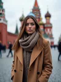 stylish and chic  woman in Moscow wearing a stylish coat and scarf, Saint Basil's Cathedral in the background