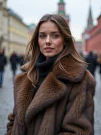 stylish and chic  woman in Moscow wearing a faux fur coat, Kremlin in the background