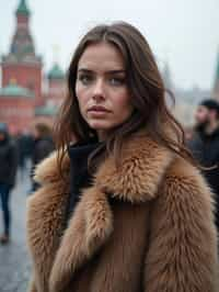 stylish and chic  woman in Moscow wearing a faux fur coat, Kremlin in the background