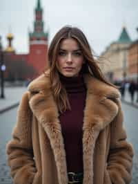 stylish and chic  woman in Moscow wearing a faux fur coat, Kremlin in the background