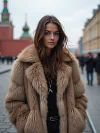 stylish and chic  woman in Moscow wearing a faux fur coat, Kremlin in the background