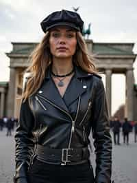 stylish and chic  woman in Berlin wearing a punk-inspired outfit, Brandenburg Gate in the background