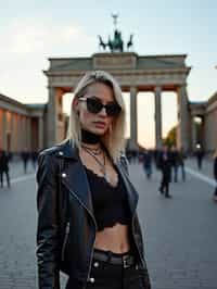 stylish and chic  woman in Berlin wearing a punk-inspired outfit, Brandenburg Gate in the background