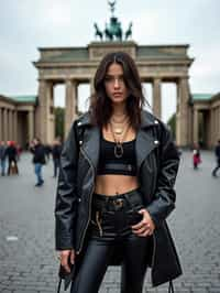 stylish and chic  woman in Berlin wearing a punk-inspired outfit, Brandenburg Gate in the background