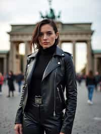 stylish and chic  woman in Berlin wearing a punk-inspired outfit, Brandenburg Gate in the background