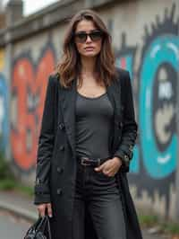 stylish and chic  woman in Berlin wearing a grunge-inspired outfit, Berlin Wall in the background