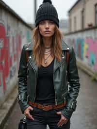 stylish and chic  woman in Berlin wearing a grunge-inspired outfit, Berlin Wall in the background