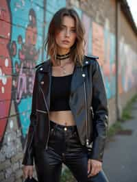 stylish and chic  woman in Berlin wearing a grunge-inspired outfit, Berlin Wall in the background