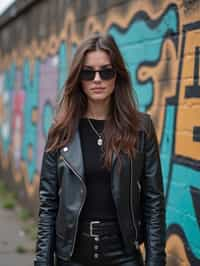 stylish and chic  woman in Berlin wearing a grunge-inspired outfit, Berlin Wall in the background