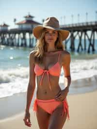 stylish and chic  woman in Los Angeles wearing a trendy beach outfit, Santa Monica pier in the background