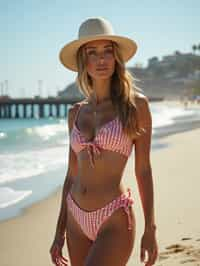 stylish and chic  woman in Los Angeles wearing a trendy beach outfit, Santa Monica pier in the background