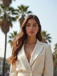 stylish and chic  woman in Los Angeles wearing a summer dress/linen suit, palm trees in the background