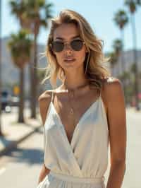 stylish and chic  woman in Los Angeles wearing a summer dress/linen suit, palm trees in the background