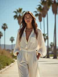 stylish and chic  woman in Los Angeles wearing a summer dress/linen suit, palm trees in the background