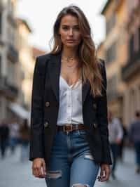 stylish and chic  woman in Milan wearing a fashionable blazer and jeans, Duomo di Milano in the background