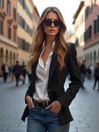 stylish and chic  woman in Milan wearing a fashionable blazer and jeans, Duomo di Milano in the background