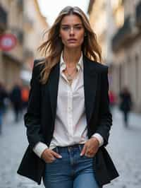 stylish and chic  woman in Milan wearing a fashionable blazer and jeans, Duomo di Milano in the background