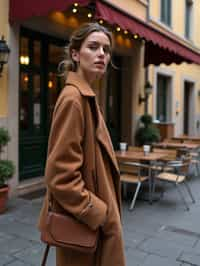 stylish and chic  woman in Milan wearing high fashion attire in front of a classic Italian café