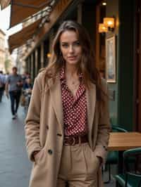 stylish and chic  woman in Milan wearing high fashion attire in front of a classic Italian café