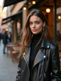 stylish and chic  woman in Milan wearing high fashion attire in front of a classic Italian café