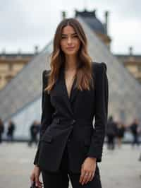 stylish and chic  woman in Paris wearing a chic black dress/suit, Louvre pyramid in the background