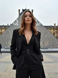 stylish and chic  woman in Paris wearing a chic black dress/suit, Louvre pyramid in the background