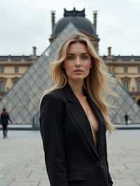 stylish and chic  woman in Paris wearing a chic black dress/suit, Louvre pyramid in the background