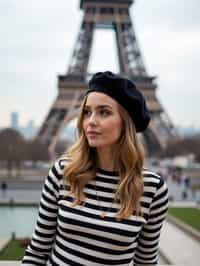 stylish and chic  woman in Paris, wearing a beret and striped top, Eiffel Tower in the background