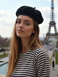 stylish and chic  woman in Paris, wearing a beret and striped top, Eiffel Tower in the background